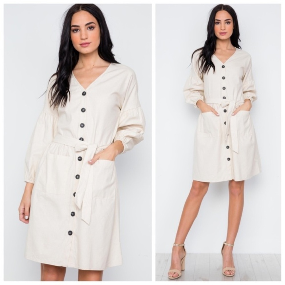 🎁Cream 3/4sleeve button down dress